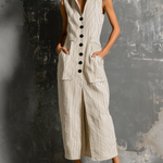 ElevenOra Chic Elegant Beige Pinstripe Lapel-Collar Single-Breasted Sleeveless Patch Pocket Front Slit Cotton-Linen Blend Maxi Dress