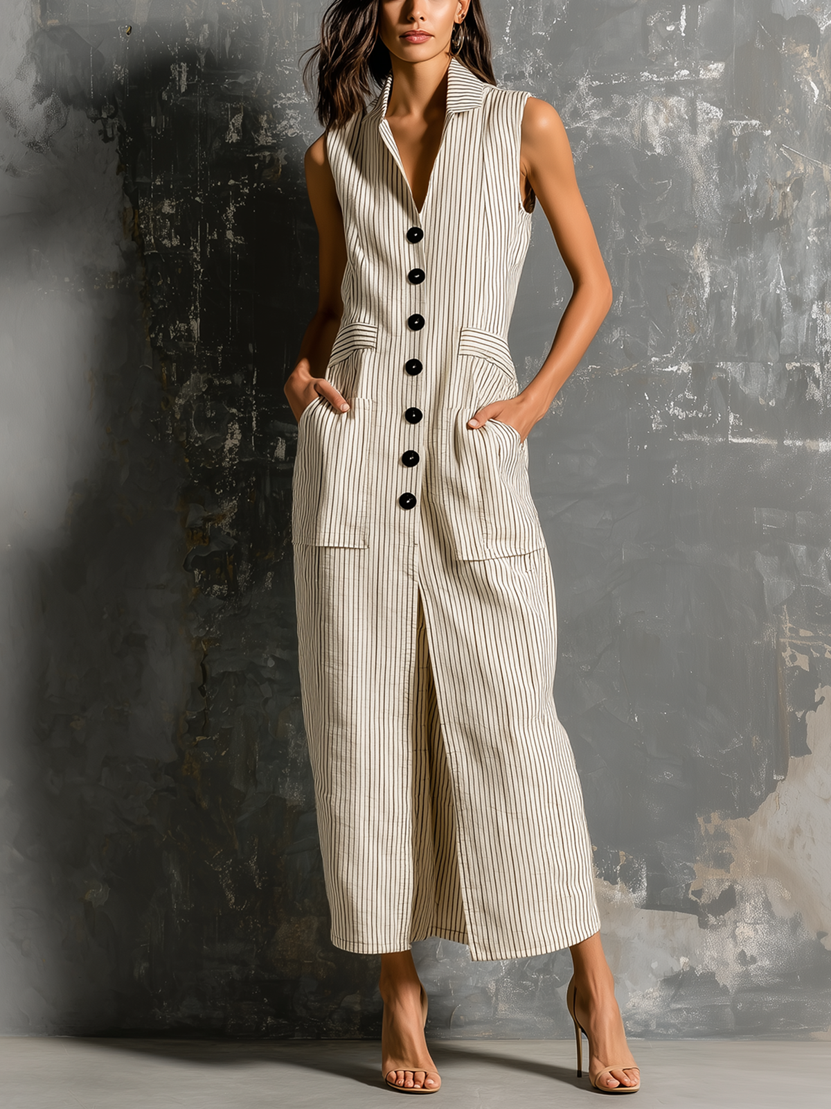 ElevenOra Chic Elegant Beige Pinstripe Lapel-Collar Single-Breasted Sleeveless Patch Pocket Front Slit Cotton-Linen Blend Maxi Dress