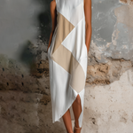 ElevenOra Chic Elegant White-Beige Geometric Patchwork Round-Neck Sleeveless Front Slit Cotton-Linen Blend Midi Dress