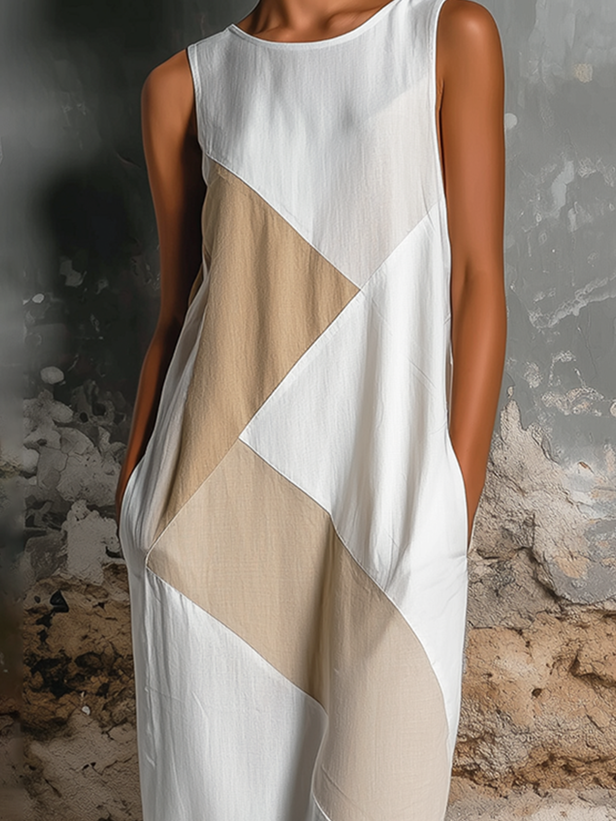 ElevenOra Chic Elegant White-Beige Geometric Patchwork Round-Neck Sleeveless Front Slit Cotton-Linen Blend Midi Dress