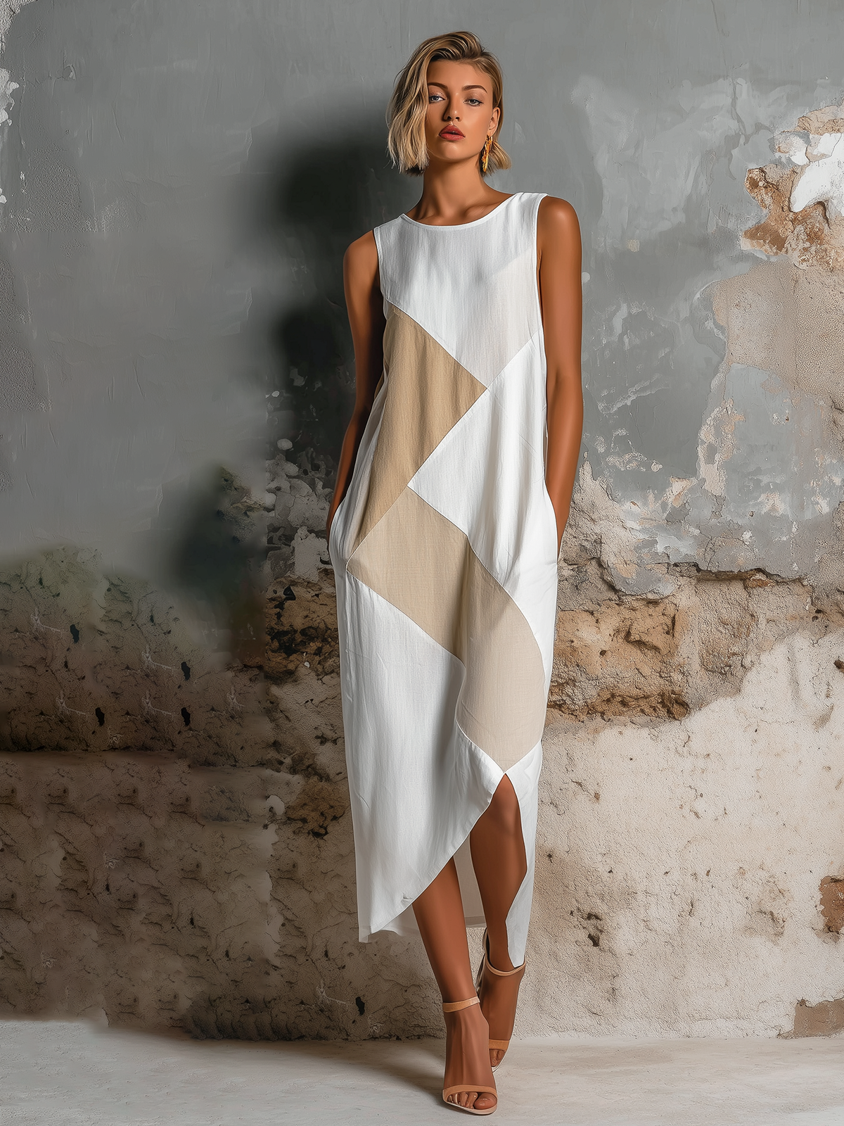 ElevenOra Chic Elegant White-Beige Geometric Patchwork Round-Neck Sleeveless Front Slit Cotton-Linen Blend Midi Dress
