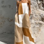 ElevenOra Chic Elegant White-Khaki Geometric Patchwork Spaghetti-Strap Sleeveless Loose-Fit Cotton-Linen Blend Wide-Leg Jumpsuit