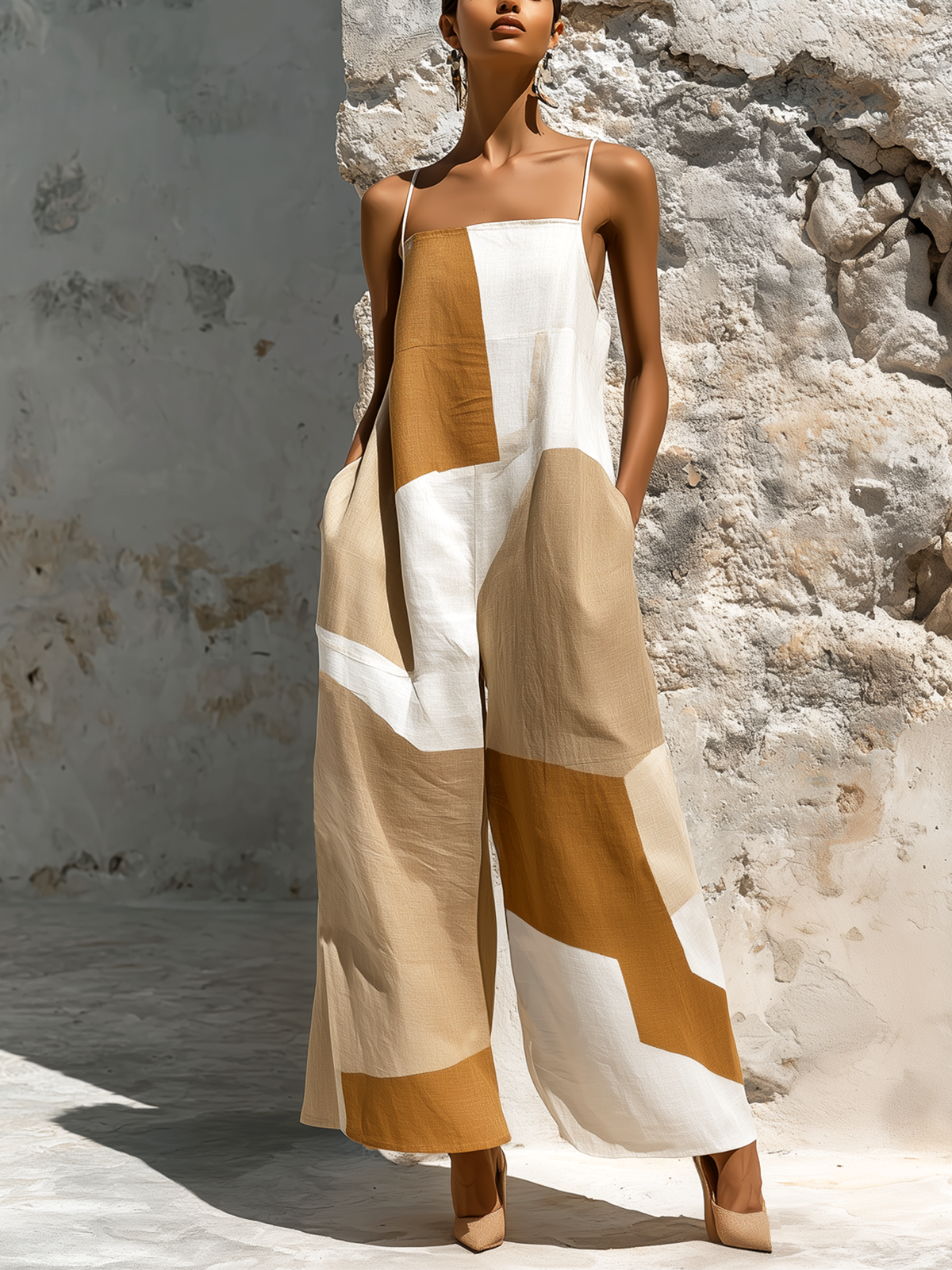 ElevenOra Chic Elegant White-Khaki Geometric Patchwork Spaghetti-Strap Sleeveless Loose-Fit Cotton-Linen Blend Wide-Leg Jumpsuit