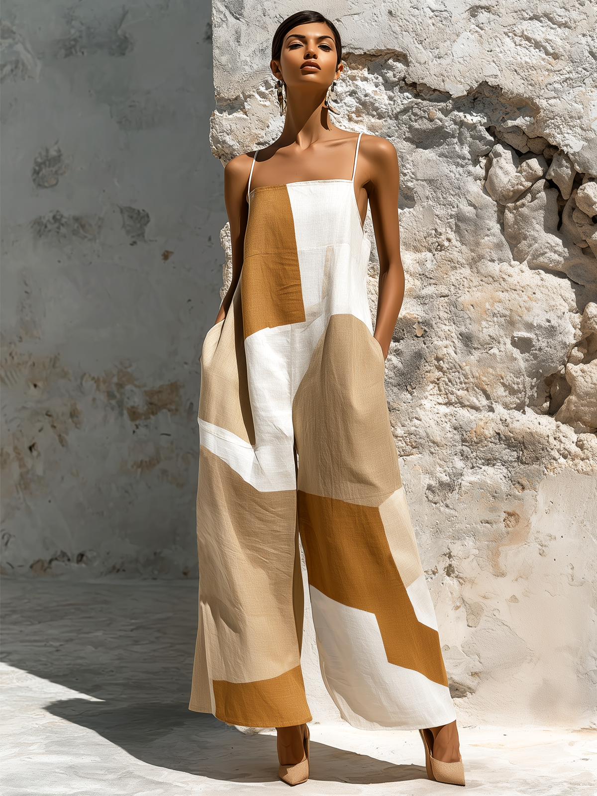 ElevenOra Chic Elegant White-Khaki Geometric Patchwork Spaghetti-Strap Sleeveless Loose-Fit Cotton-Linen Blend Wide-Leg Jumpsuit