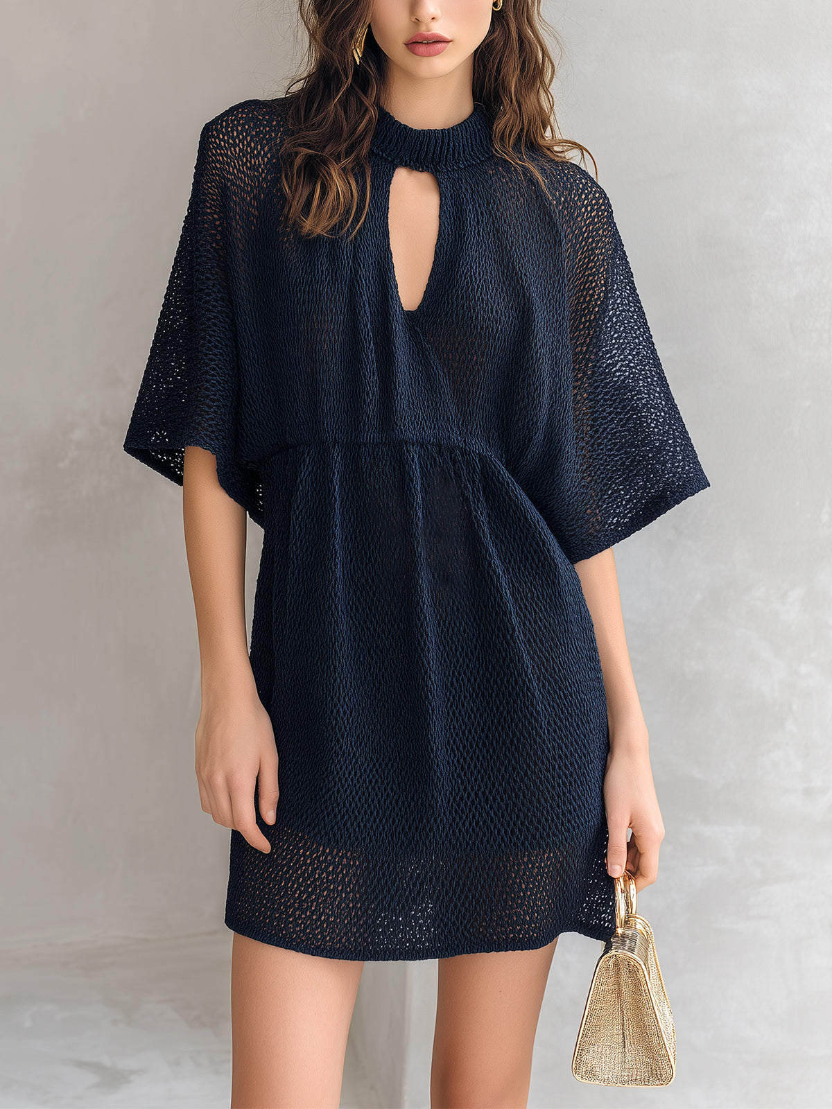 ElevenOra Chic Elegaht Navy Blue Round-Neck Keyhole Cutout Detail Half-Flare-Sleeve Loose-Fit A-Line Mesh Knit Mini Dress