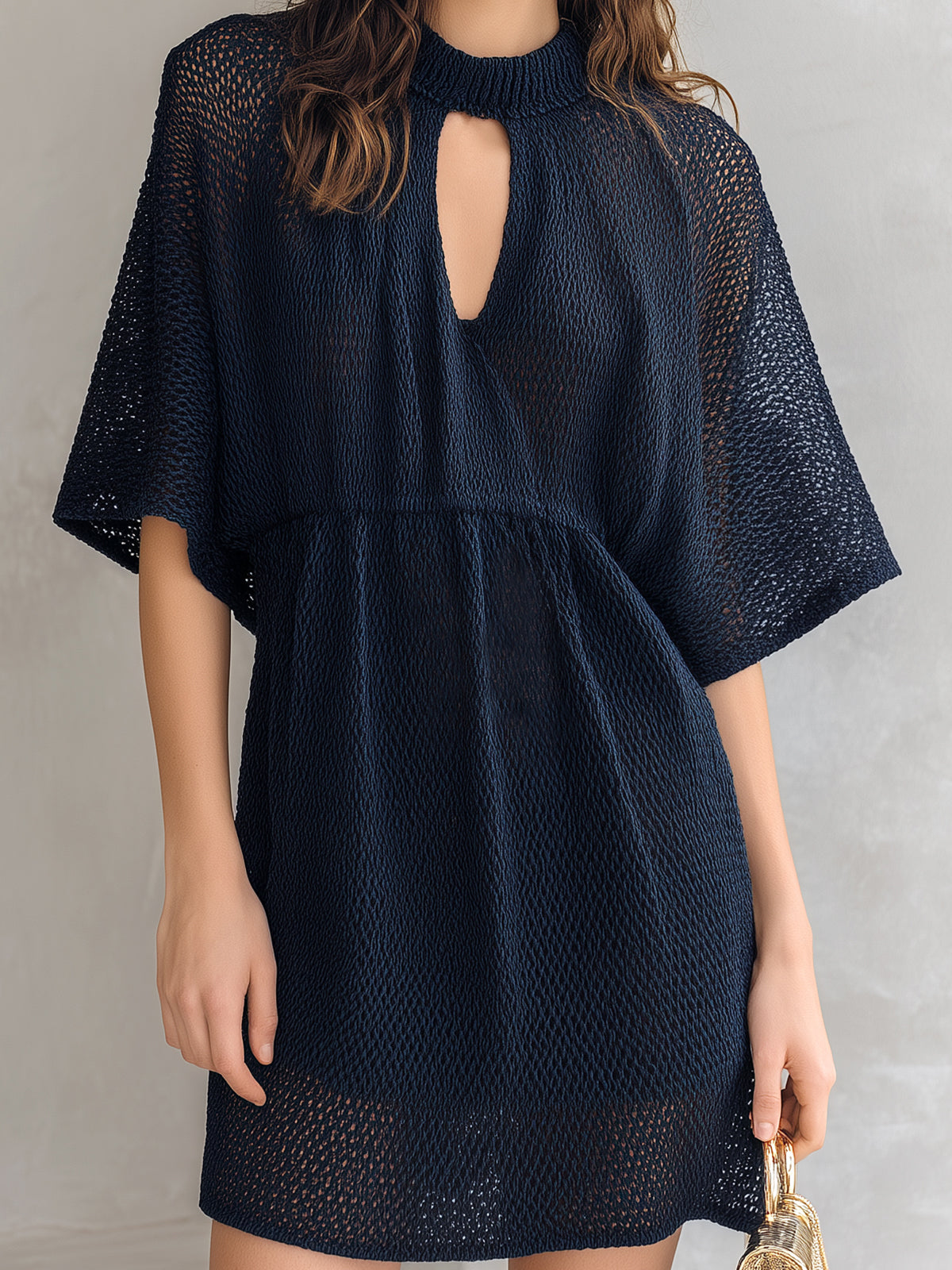 ElevenOra Chic Elegaht Navy Blue Round-Neck Keyhole Cutout Detail Half-Flare-Sleeve Loose-Fit A-Line Mesh Knit Mini Dress