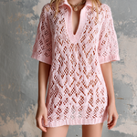ElevenOra Chic Casual Pink Lapel V-Neck Short-Sleeve Loose-Fit Hollow-Out Knit Mini Dress