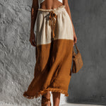 ElevenOra Chic Elegaht Brown-Beige Colorblock Cotton-Linen Blend Elastic Drawstring Waist Fringe Detail A-Line Midi Skirt