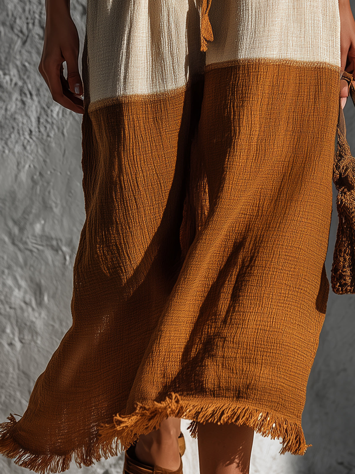 ElevenOra Chic Elegaht Brown-Beige Colorblock Cotton-Linen Blend Elastic Drawstring Waist Fringe Detail A-Line Midi Skirt