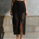 ElevenOra Chic Elegaht Black Elastic Waist Button-Front Hollow-Out Mesh Knit Straight Midi Skirt