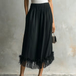 ElevenOra Chic Elegaht Black Cotton Blend Elastic Waist Fringe Detail Loose-Fit Midi Skirt