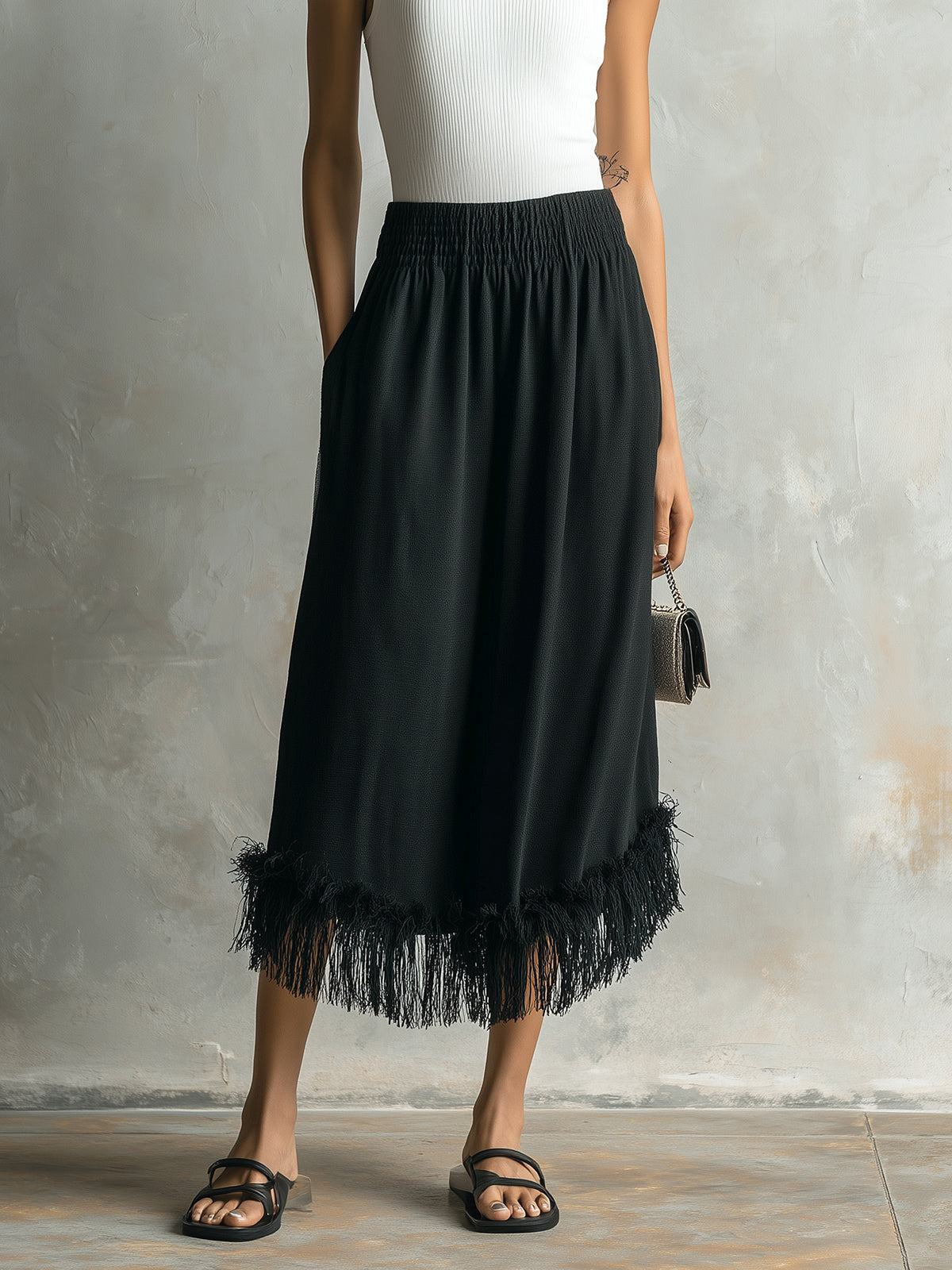ElevenOra Chic Elegaht Black Cotton Blend Elastic Waist Fringe Detail Loose-Fit Midi Skirt