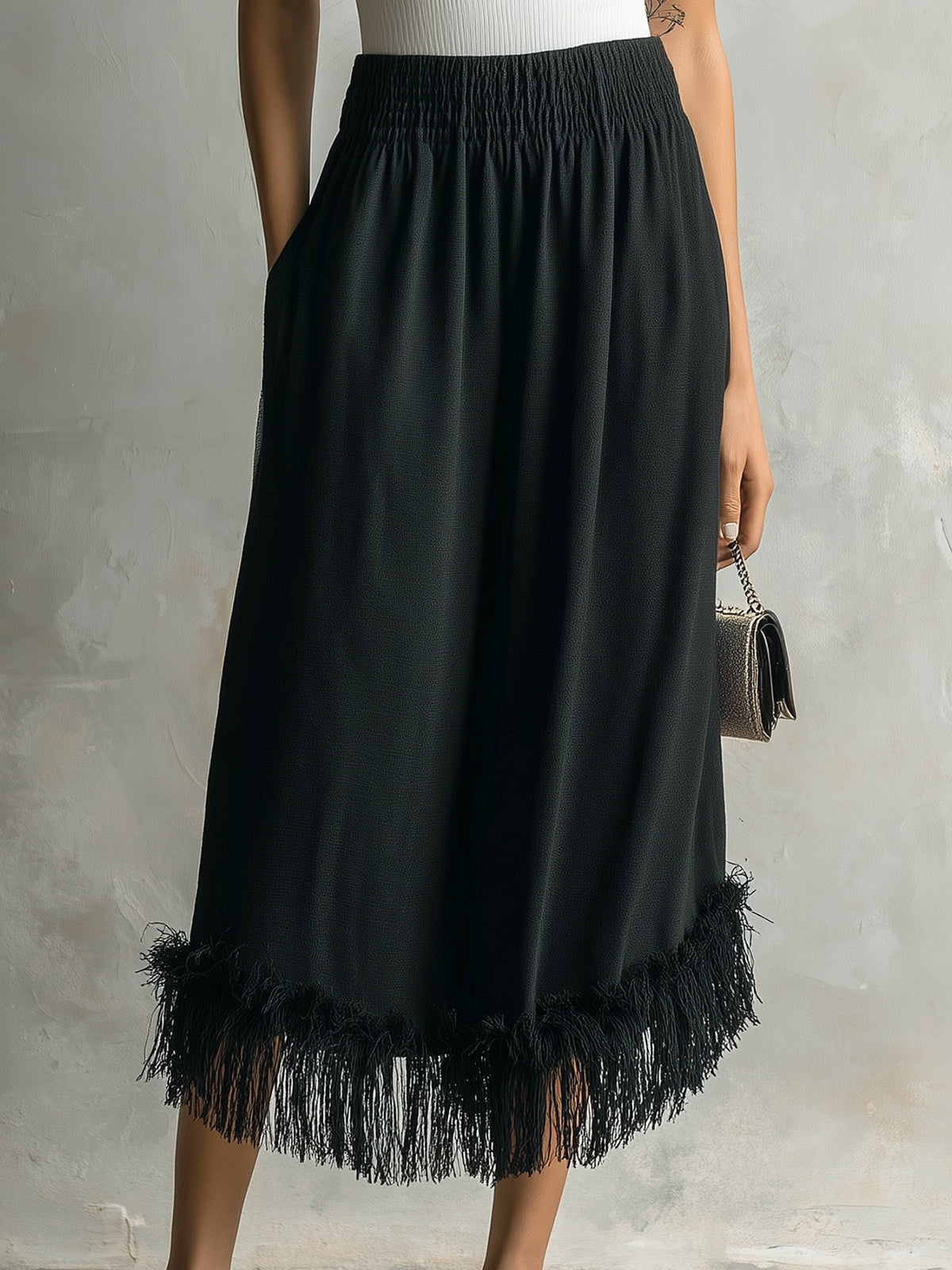 ElevenOra Chic Elegaht Black Cotton Blend Elastic Waist Fringe Detail Loose-Fit Midi Skirt