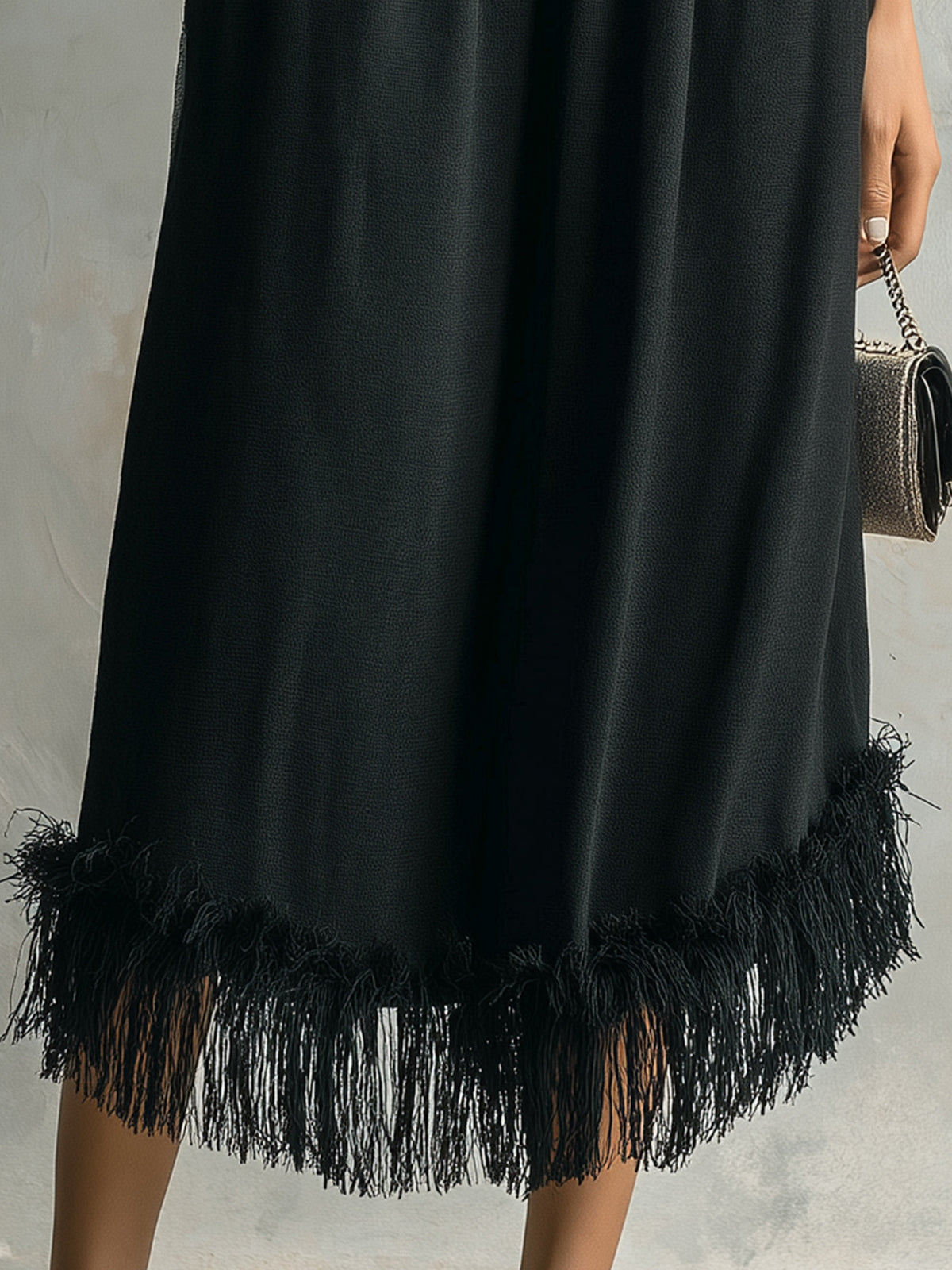 ElevenOra Chic Elegaht Black Cotton Blend Elastic Waist Fringe Detail Loose-Fit Midi Skirt