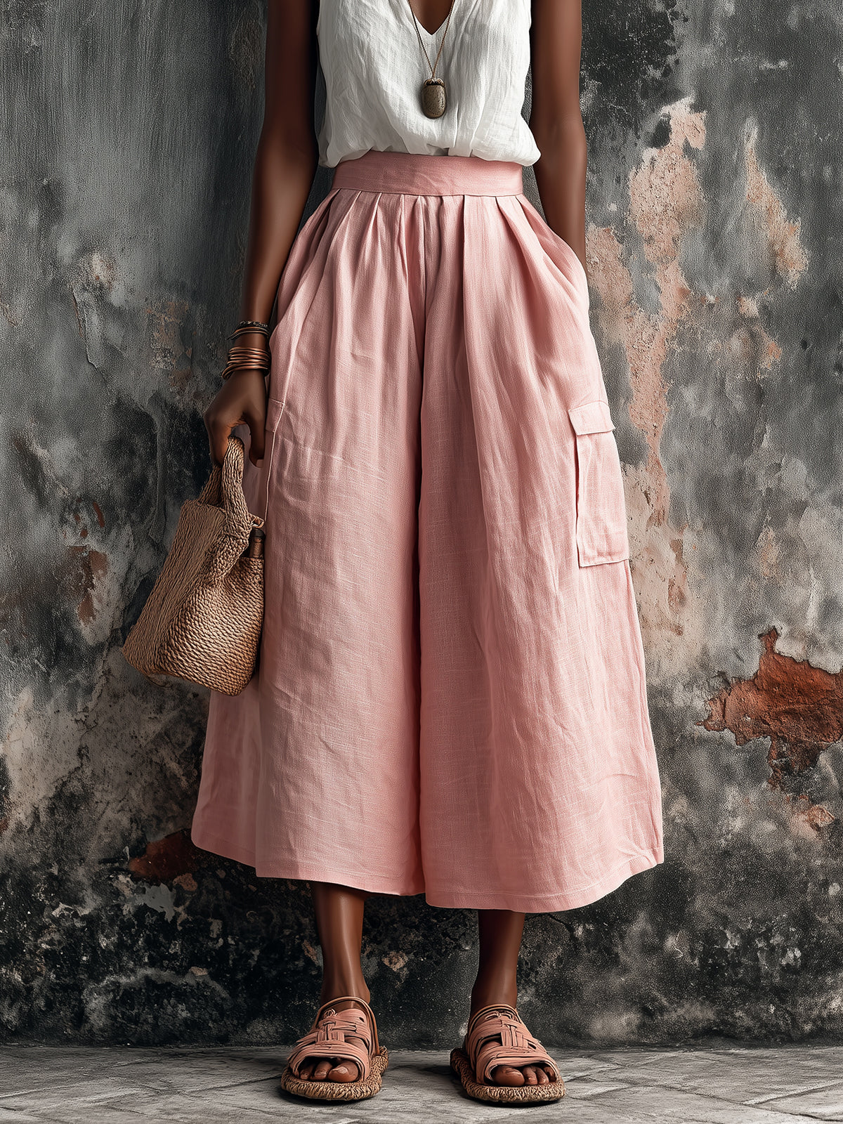 ElevenOra Chic Elegaht Pink Cotton-Linen Blend Tailored Waist Multi-Pocket Loose-Fit Wide-Leg Cropped Pants