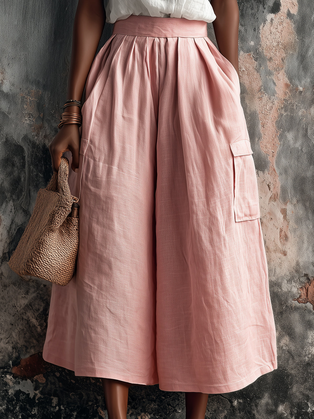 ElevenOra Chic Elegaht Pink Cotton-Linen Blend Tailored Waist Multi-Pocket Loose-Fit Wide-Leg Cropped Pants