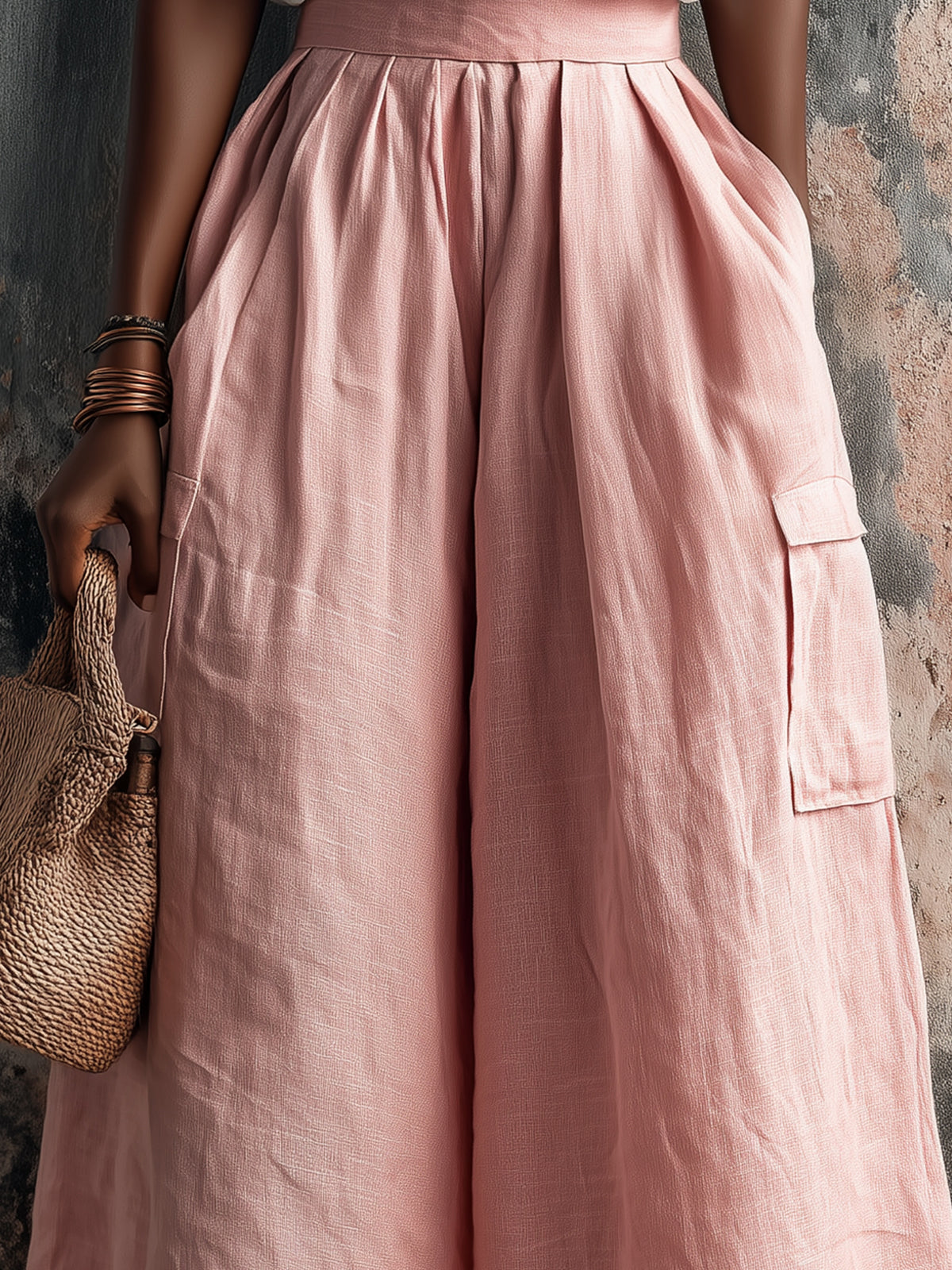 ElevenOra Chic Elegaht Pink Cotton-Linen Blend Tailored Waist Multi-Pocket Loose-Fit Wide-Leg Cropped Pants