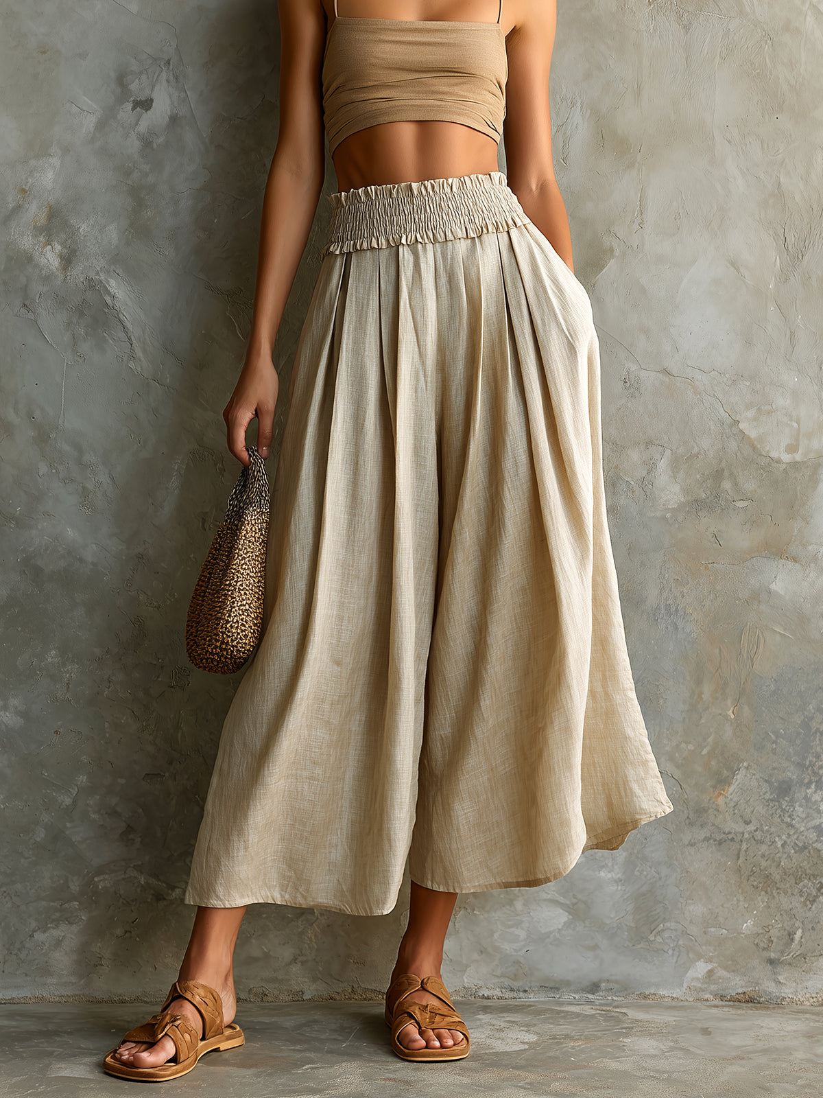 ElevenOra Chic Elegaht Beige Cotton-Linen Blend Elastic-Waist Loose-Fit Wide-Leg Cropped Pants