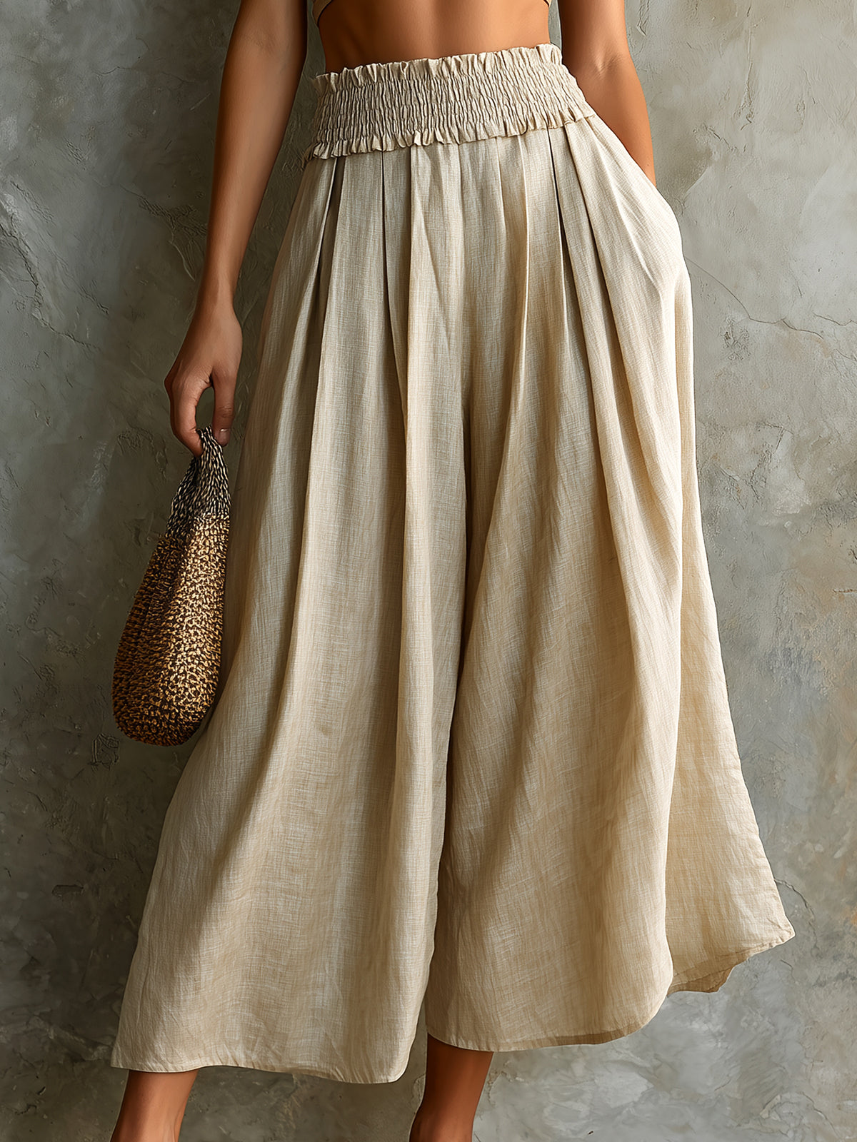 ElevenOra Chic Elegaht Beige Cotton-Linen Blend Elastic-Waist Loose-Fit Wide-Leg Cropped Pants
