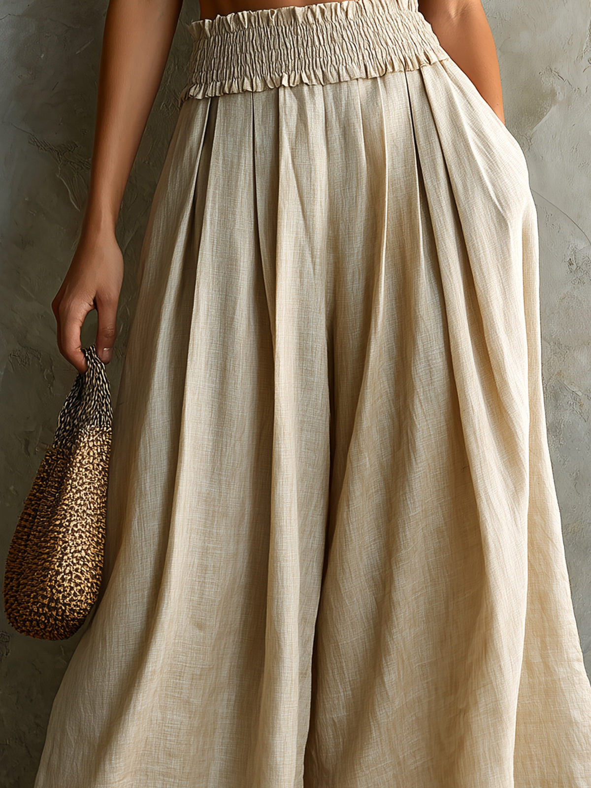 ElevenOra Chic Elegaht Beige Cotton-Linen Blend Elastic-Waist Loose-Fit Wide-Leg Cropped Pants