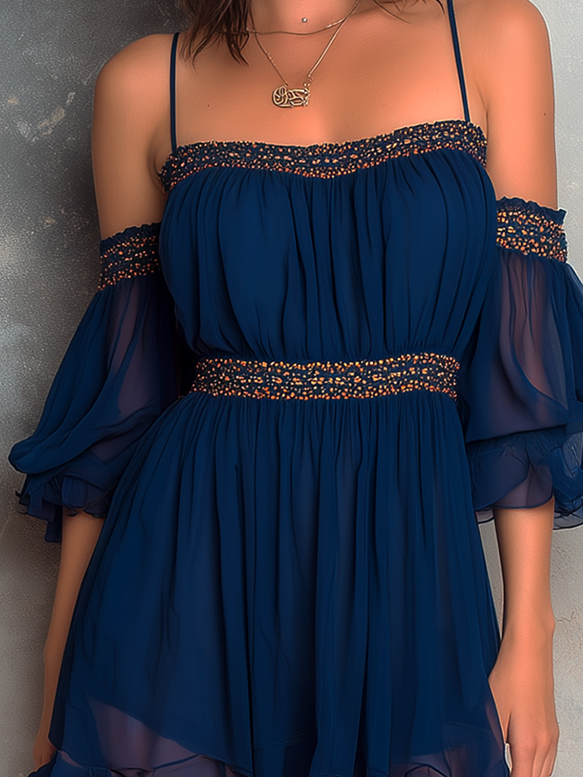 ElevenOra Chic Elegant Navy Blue Off-Shoulder Bardot-Neck Ruffled Puff Mid-Sleeve Smocked A-Line Chiffon Fabric Mini Dress