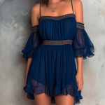ElevenOra Chic Elegant Navy Blue Off-Shoulder Bardot-Neck Ruffled Puff Mid-Sleeve Smocked A-Line Chiffon Fabric Mini Dress