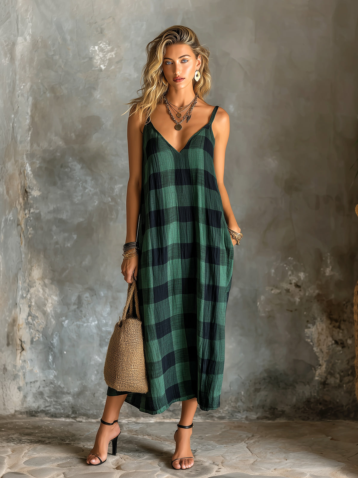ElevenOra Chic Elegant Green-Black Plaids Cotton-Linen Blend Spaghetti-Strap V-Neck Sleeveless Oversize Midi Dress