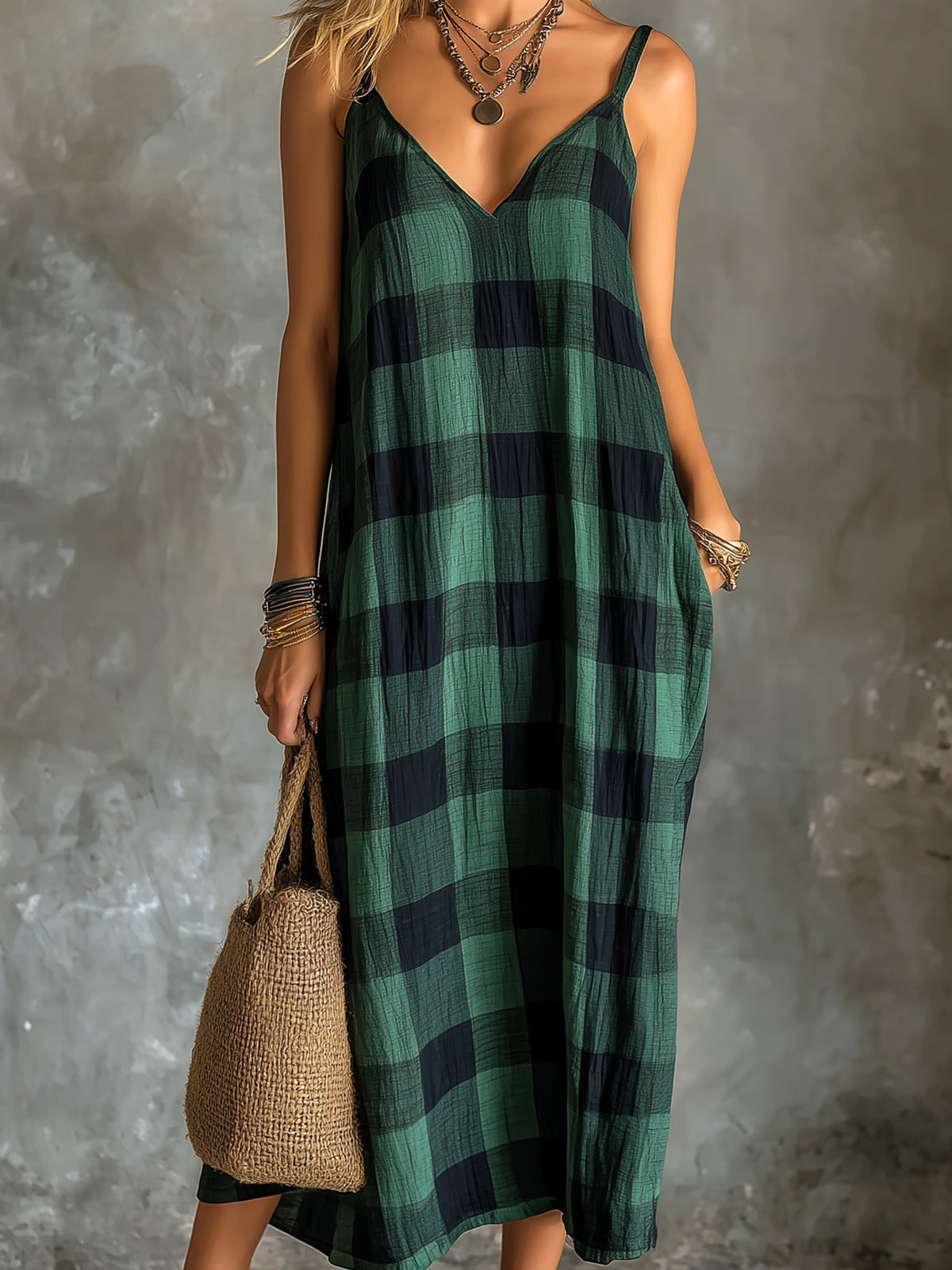 ElevenOra Chic Elegant Green-Black Plaids Cotton-Linen Blend Spaghetti-Strap V-Neck Sleeveless Oversize Midi Dress