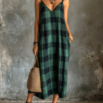 ElevenOra Chic Elegant Green-Black Plaids Cotton-Linen Blend Spaghetti-Strap V-Neck Sleeveless Oversize Midi Dress