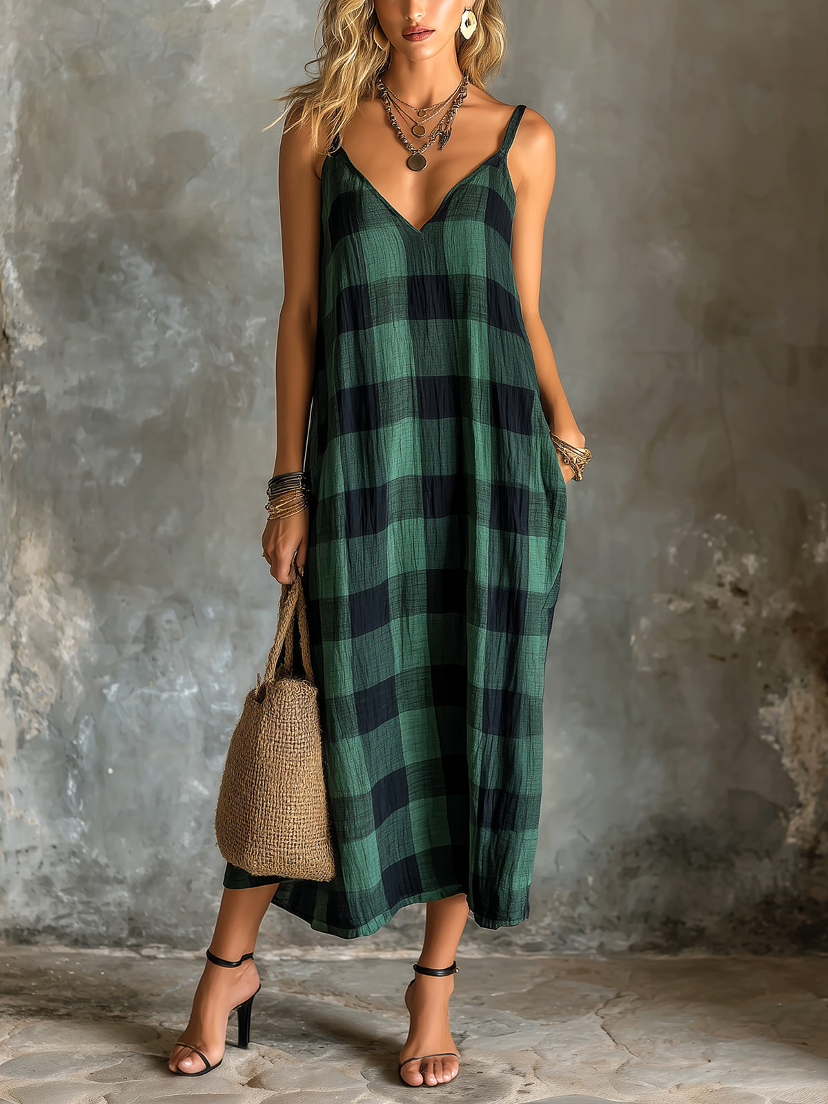 ElevenOra Chic Elegant Green-Black Plaids Cotton-Linen Blend Spaghetti-Strap V-Neck Sleeveless Oversize Midi Dress