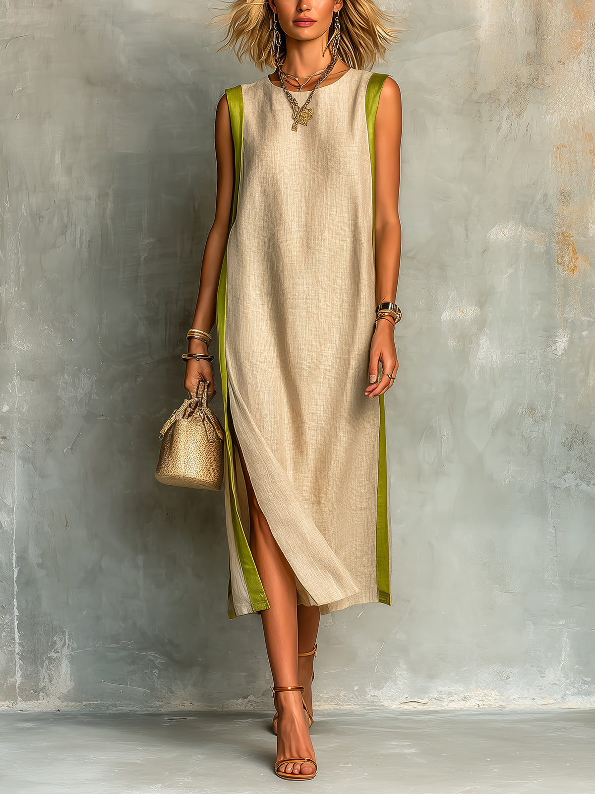 ElevenOra Chic Elegant Beige-Green Colorblock Cotton-Linen Blend Round-Neck Sleeveless Side-Slit Loose-Fit Midi Dress