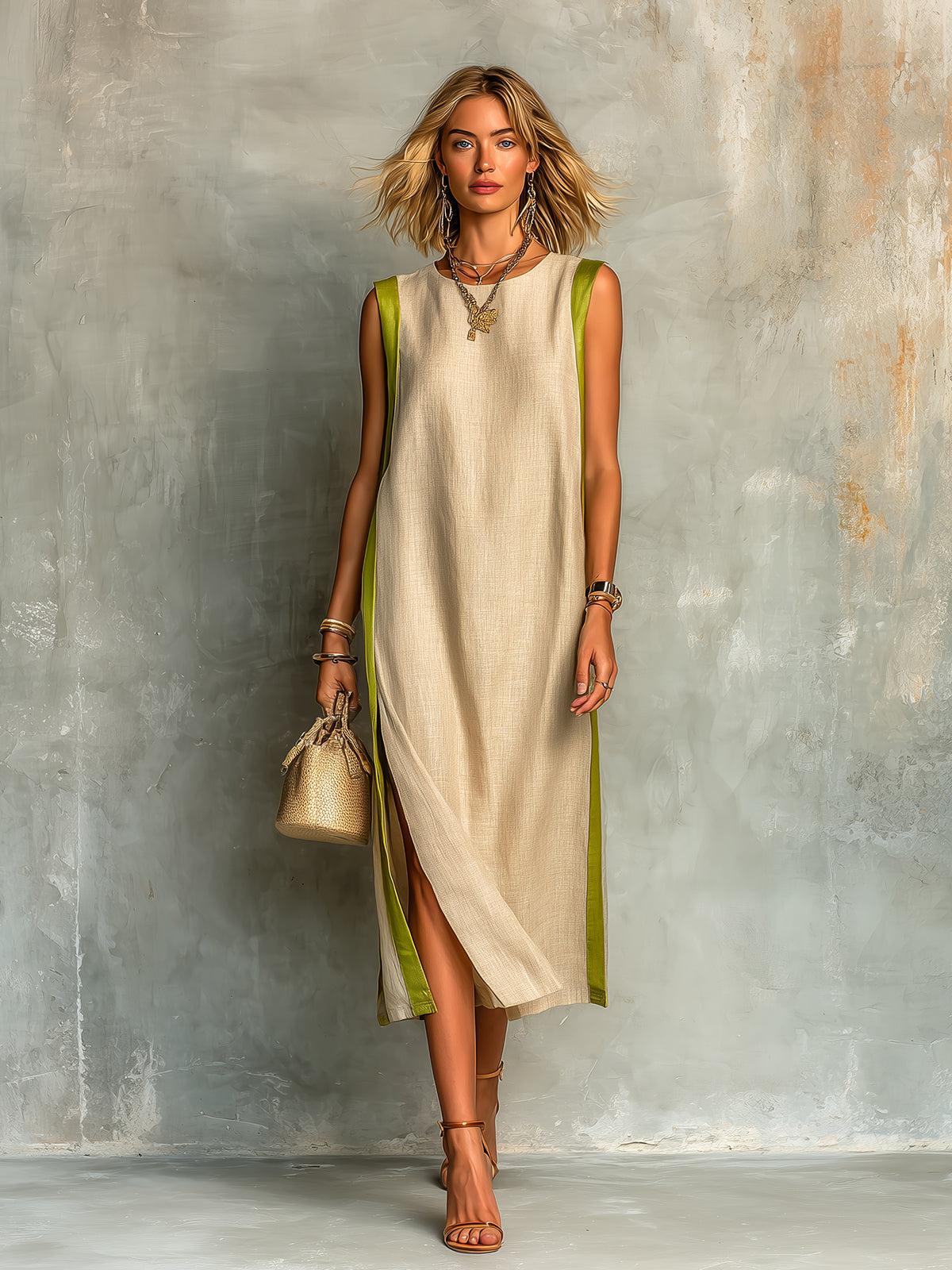 ElevenOra Chic Elegant Beige-Green Colorblock Cotton-Linen Blend Round-Neck Sleeveless Side-Slit Loose-Fit Midi Dress