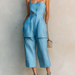 ElevenOra Chic Elegant Blue-White Pinstripe Cotton-Linen Spaghetti-Strap Square-Neck Sleeveless Button-Front Patch Pockets Cropped Jumpsuit