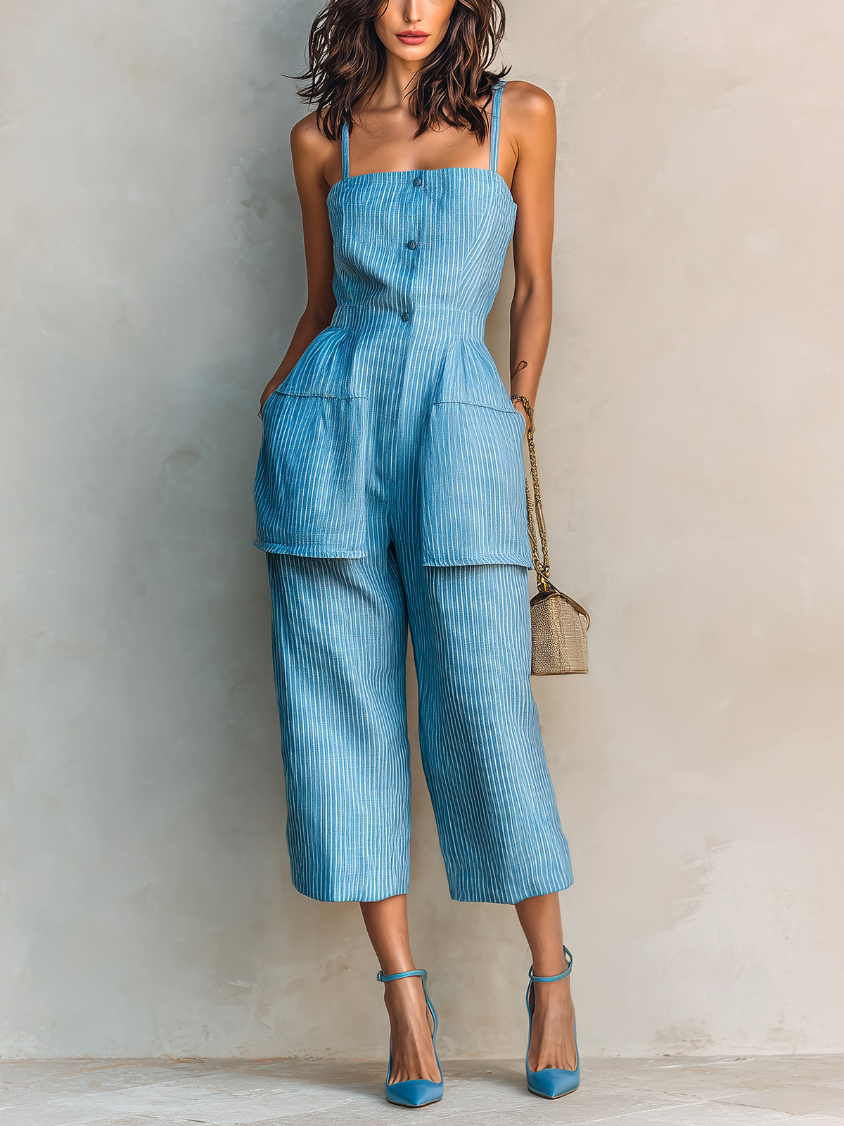 ElevenOra Chic Elegant Blue-White Pinstripe Cotton-Linen Spaghetti-Strap Square-Neck Sleeveless Button-Front Patch Pockets Cropped Jumpsuit