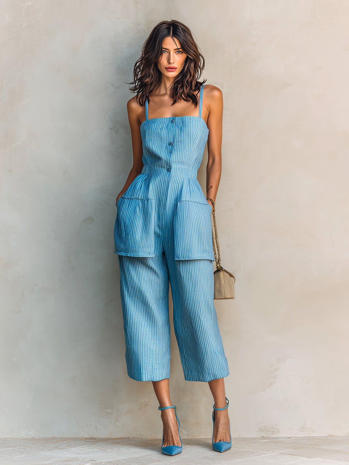 ElevenOra Chic Elegant Blue-White Pinstripe Cotton-Linen Spaghetti-Strap Square-Neck Sleeveless Button-Front Patch Pockets Cropped Jumpsuit