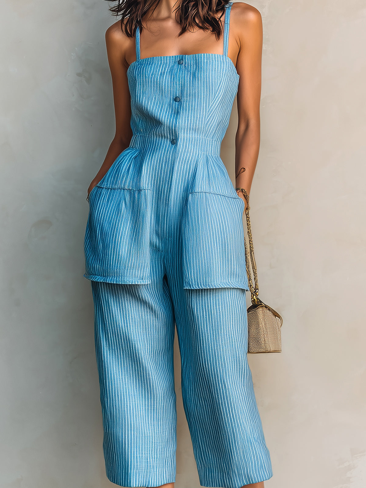 ElevenOra Chic Elegant Blue-White Pinstripe Cotton-Linen Spaghetti-Strap Square-Neck Sleeveless Button-Front Patch Pockets Cropped Jumpsuit