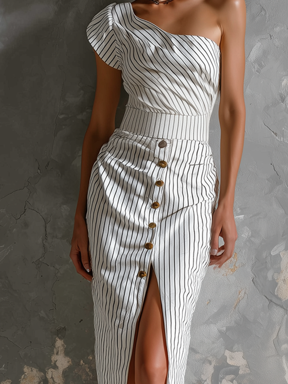 ElevenOra Chic Elegant White Stripes One-Shoulder Ruffle Sleeve Button-Front Slit Slim-Fit Cotton Blend Midi Dress