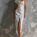 ElevenOra Chic Elegant White Stripes One-Shoulder Ruffle Sleeve Button-Front Slit Slim-Fit Cotton Blend Midi Dress
