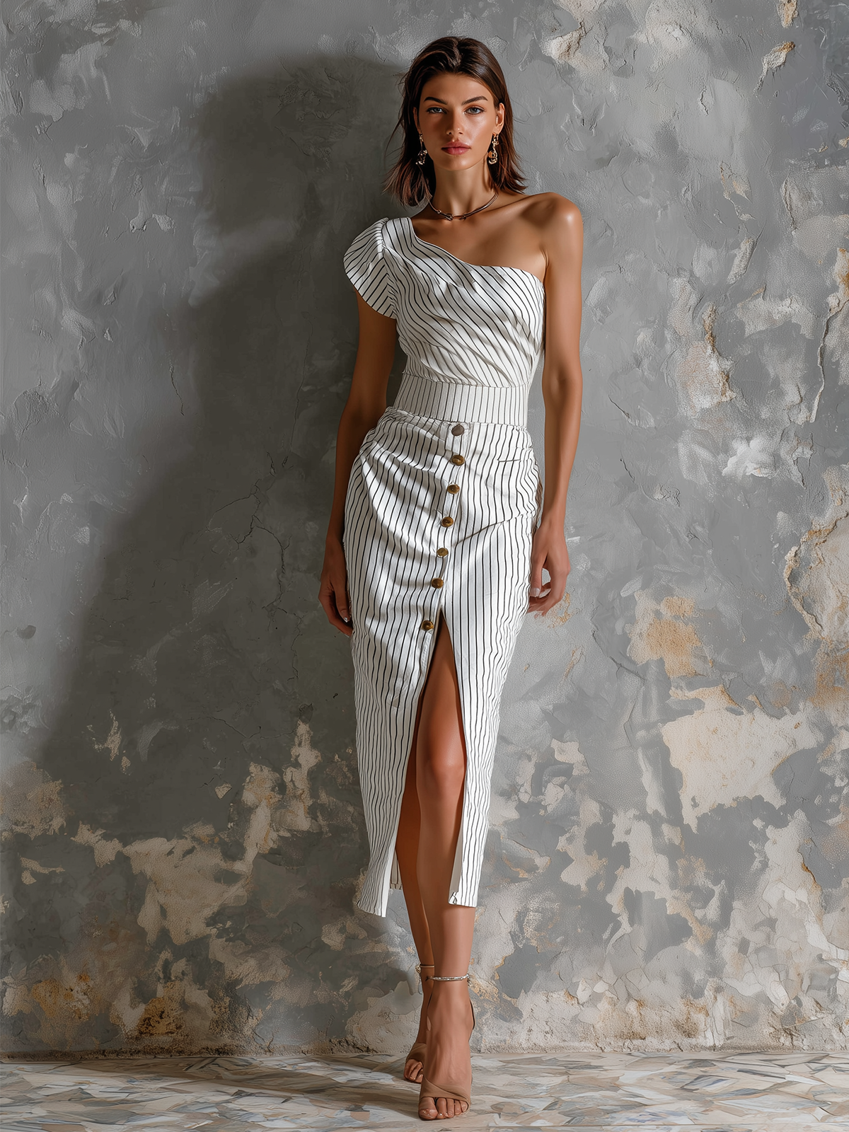 ElevenOra Chic Elegant White Stripes One-Shoulder Ruffle Sleeve Button-Front Slit Slim-Fit Cotton Blend Midi Dress