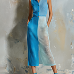 ElevenOra Chic Elegant Blue Colorblock Lapel-Collar Button-Front Slim-Fit Front Slit Mesh Knit Midi Dress