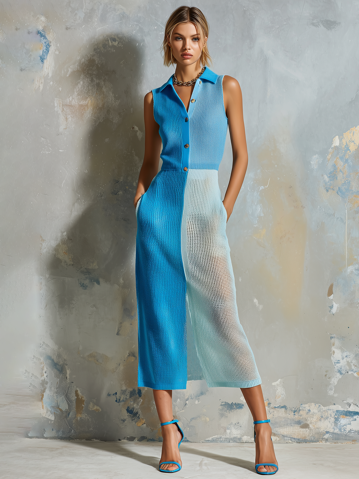 ElevenOra Chic Elegant Blue Colorblock Lapel-Collar Button-Front Slim-Fit Front Slit Mesh Knit Midi Dress