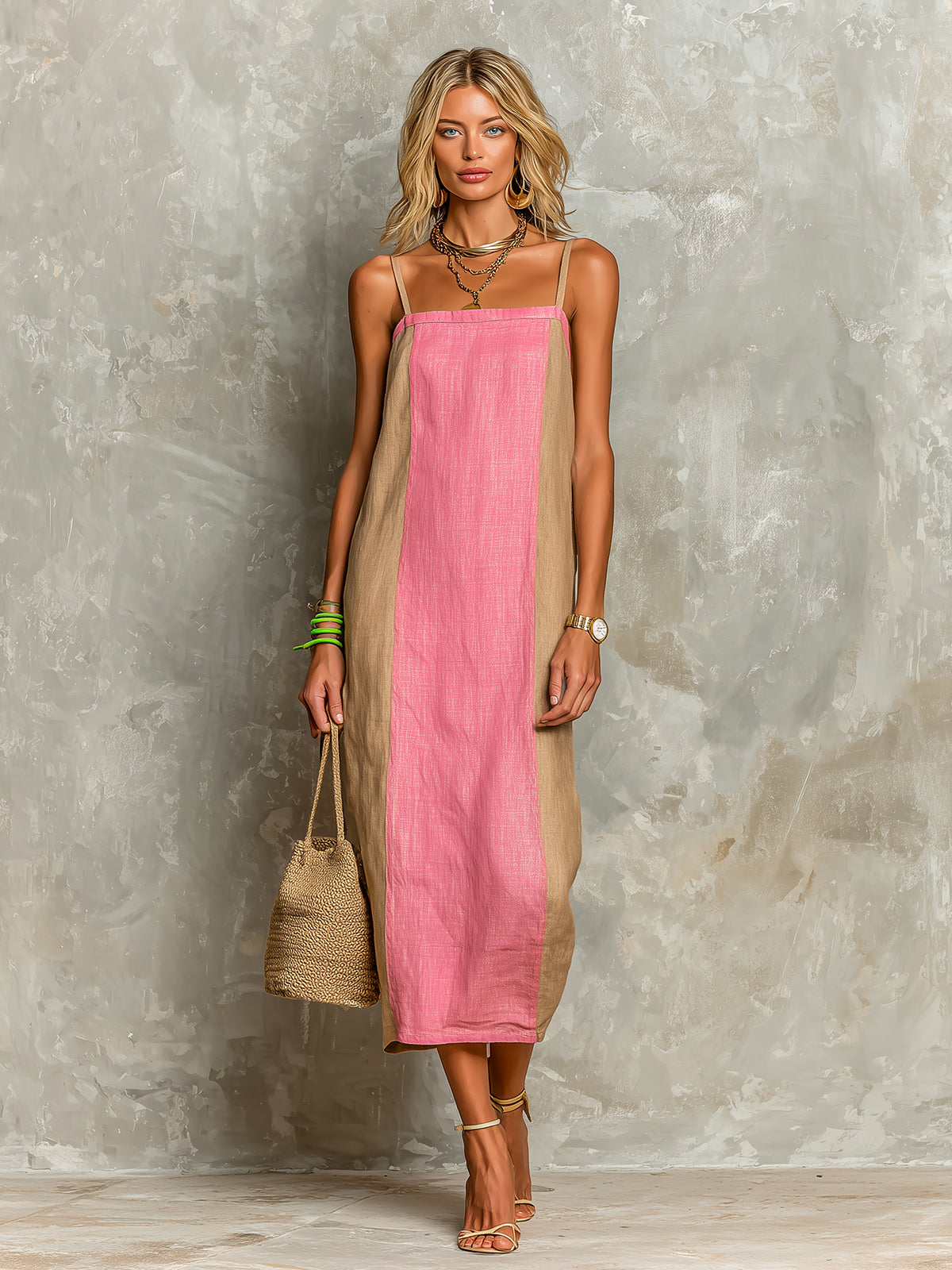 ElevenOra Chic Casual Camel-Pink Colorblock Cotton-Linen Spaghetti-Strap Square-Neck Sleeveless Loose-Fit Midi Dress
