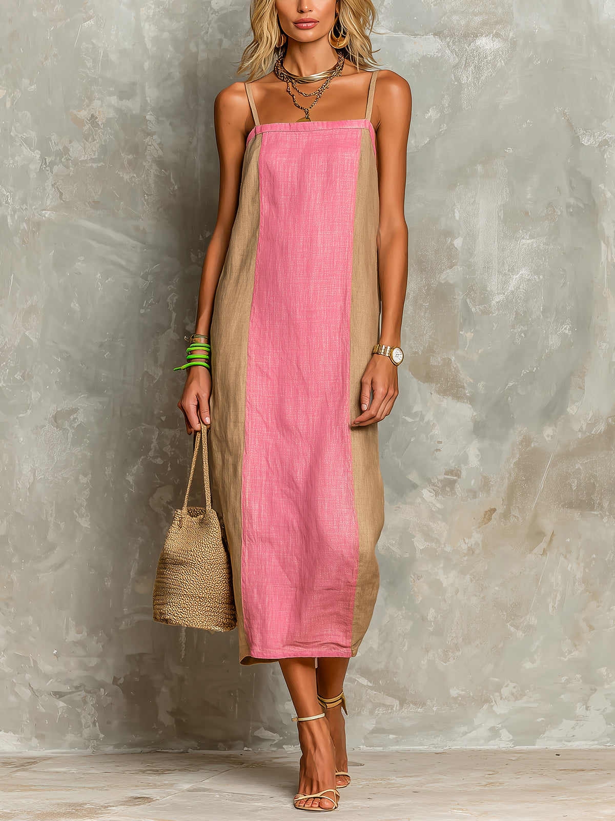 ElevenOra Chic Casual Camel-Pink Colorblock Cotton-Linen Spaghetti-Strap Square-Neck Sleeveless Loose-Fit Midi Dress