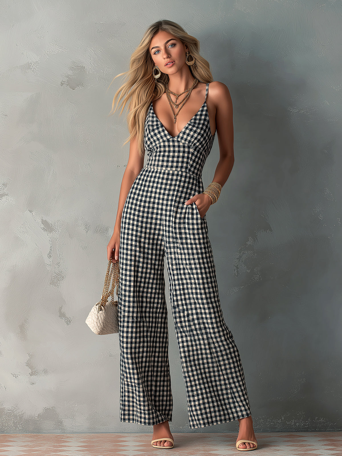 ElevenOra Chic Casual Black-White Plaids Cotton-Linen Spaghetti-Strap V-Neck Sleeveless Tailored-Waist Wide-Leg Jumpsuit