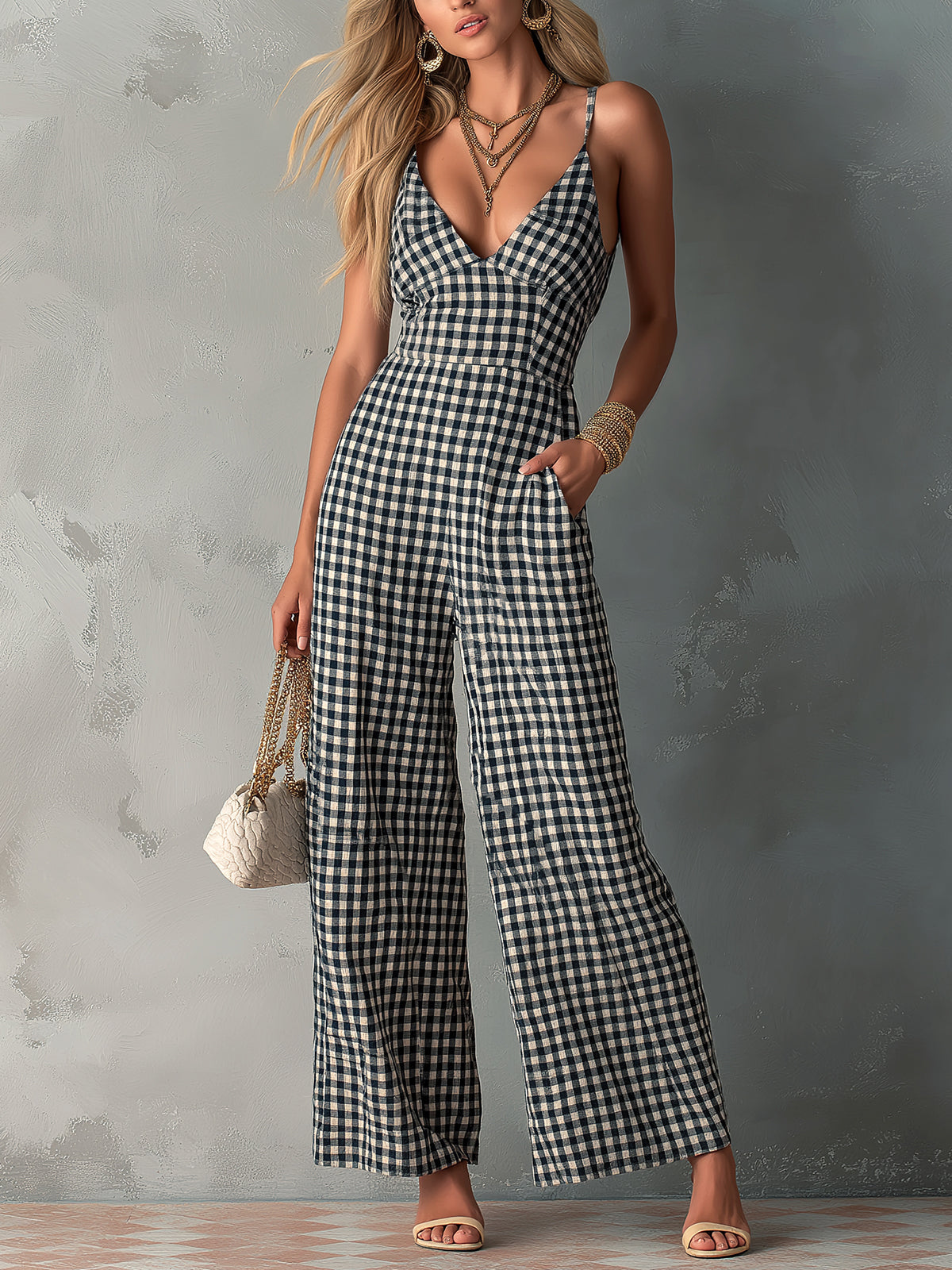 ElevenOra Chic Casual Black-White Plaids Cotton-Linen Spaghetti-Strap V-Neck Sleeveless Tailored-Waist Wide-Leg Jumpsuit
