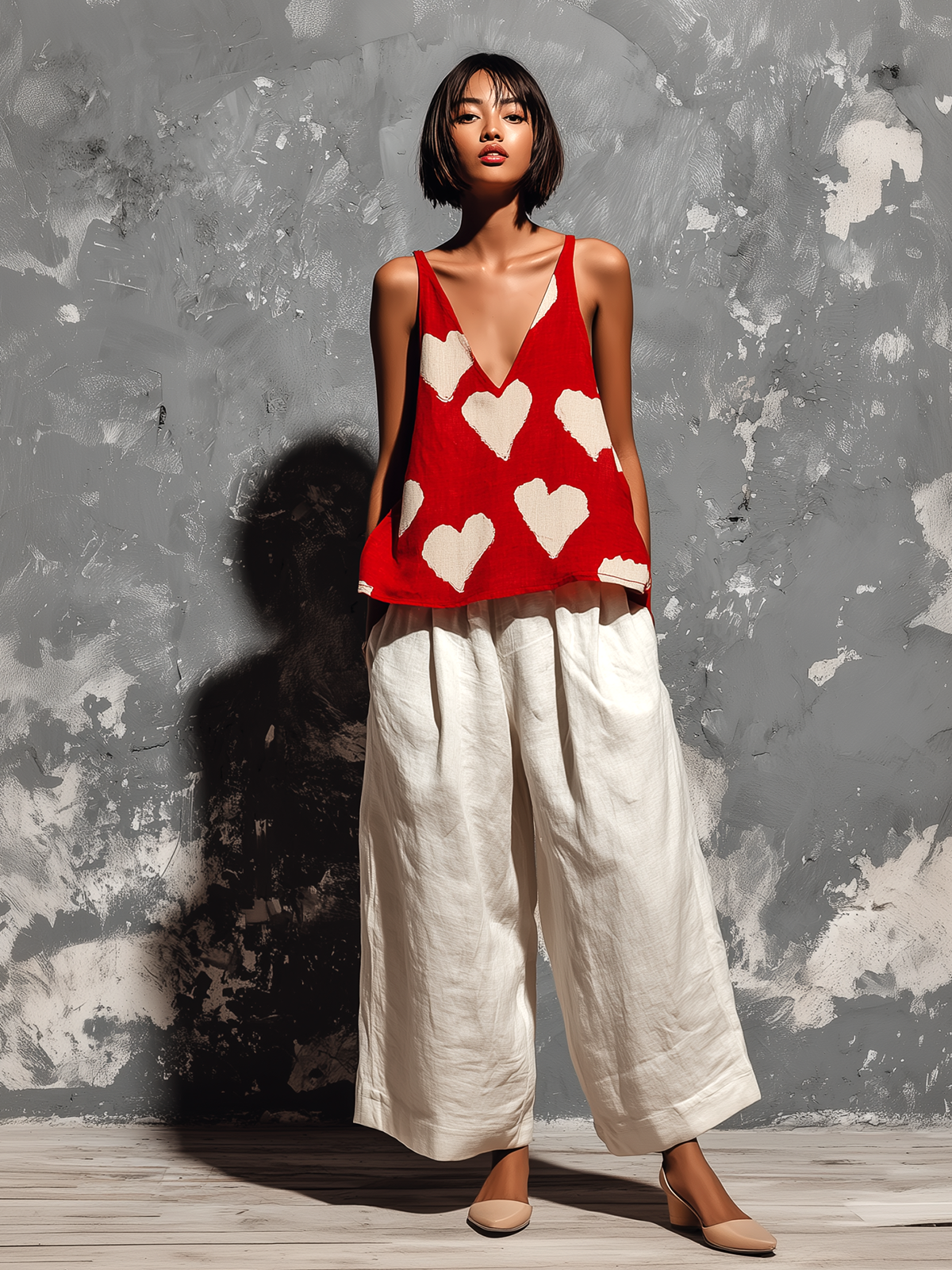 ElevenOra Chic Casual Red Heart Print V-Neck Strappy Sleeveless Loose-Fit Tank Top White Cotton-Linen Blend Pants Two-Piece Set