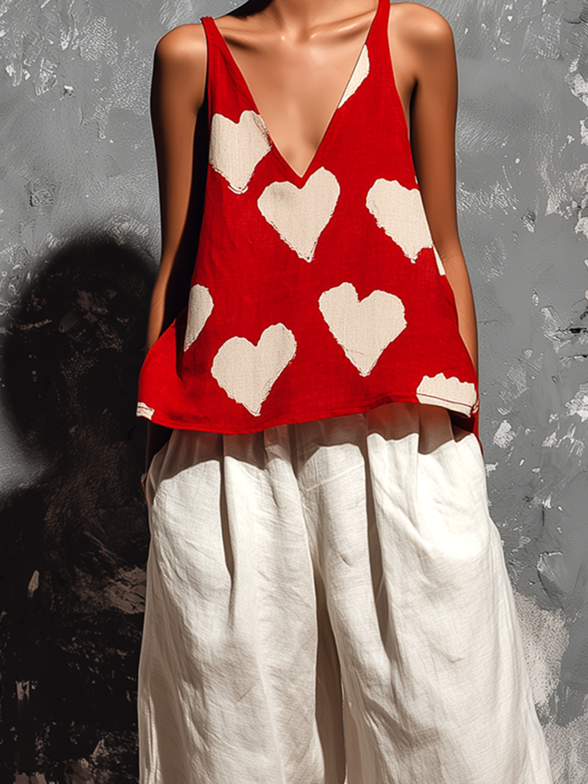 ElevenOra Chic Casual Red Heart Print V-Neck Strappy Sleeveless Loose-Fit Tank Top White Cotton-Linen Blend Pants Two-Piece Set