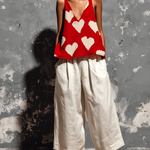 ElevenOra Chic Casual Red Heart Print V-Neck Strappy Sleeveless Loose-Fit Tank Top White Cotton-Linen Blend Pants Two-Piece Set