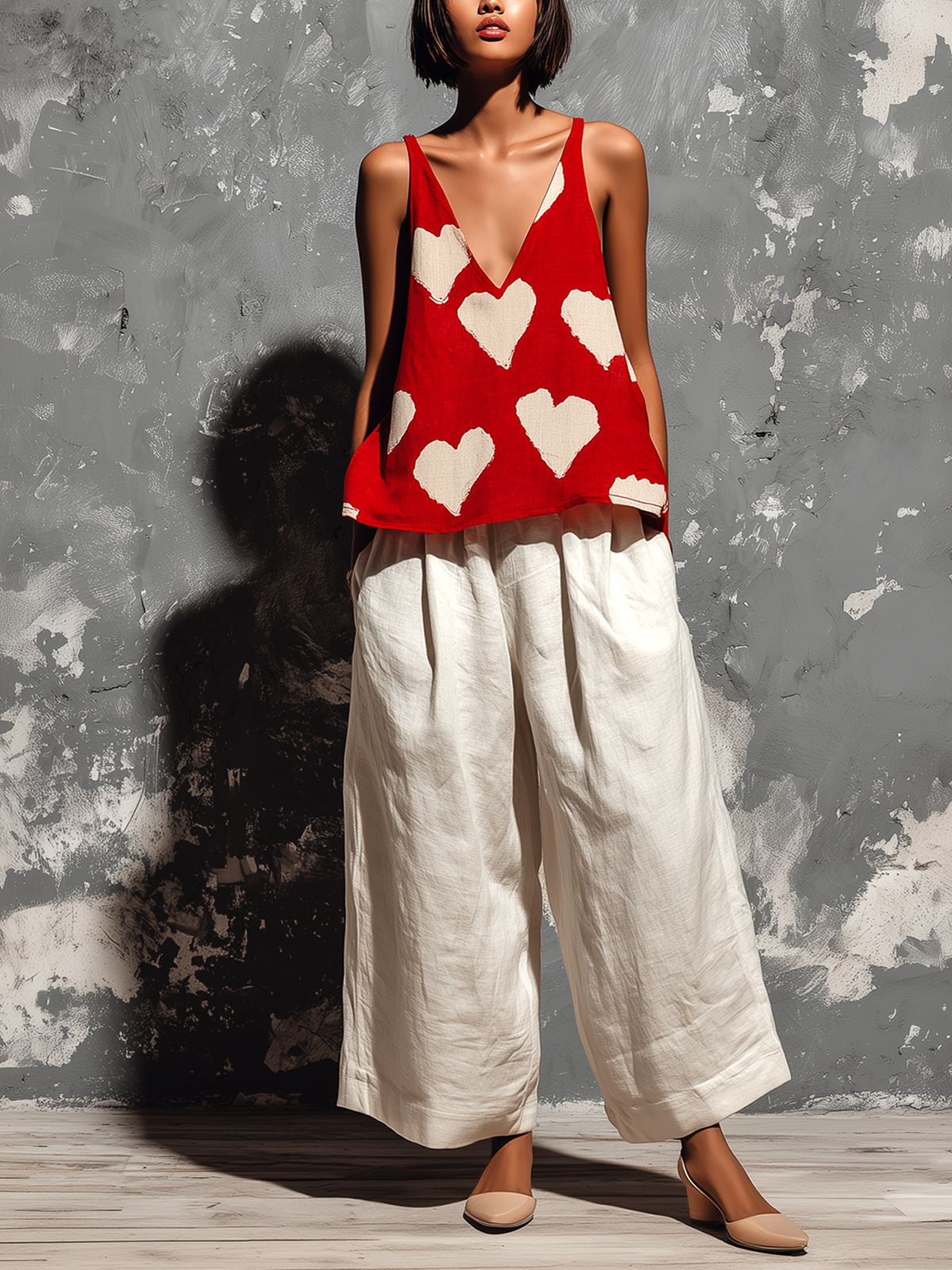 ElevenOra Chic Casual Red Heart Print V-Neck Strappy Sleeveless Loose-Fit Tank Top White Cotton-Linen Blend Pants Two-Piece Set