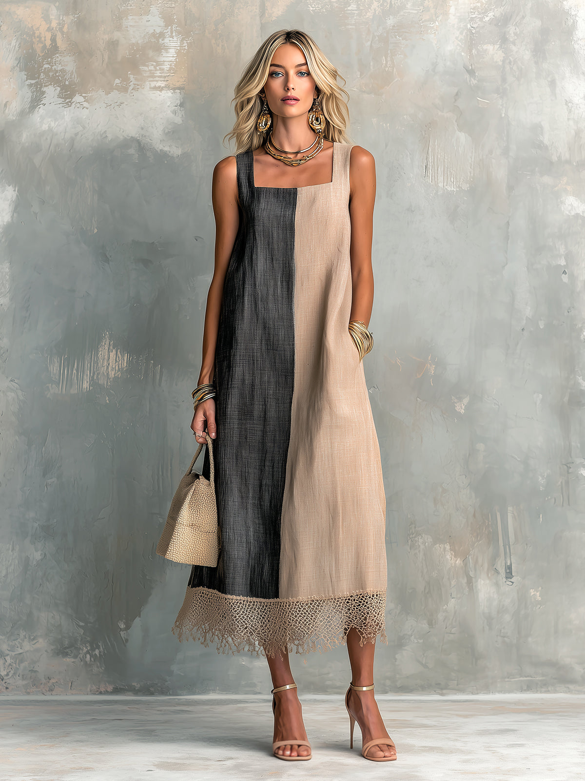 ElevenOra Chic Elegant Camel-Black Colorblock Cotton-Linen Square-Neck Sleeveless Lace Trim Hem A-Line Midi Dress